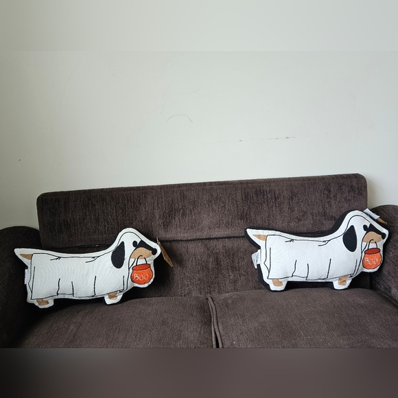 Hallow’s Eve Dachshund Ghost Throw Pillows Halloween Boo Bucket Set of 2 Pillows - Picture 1 of 12